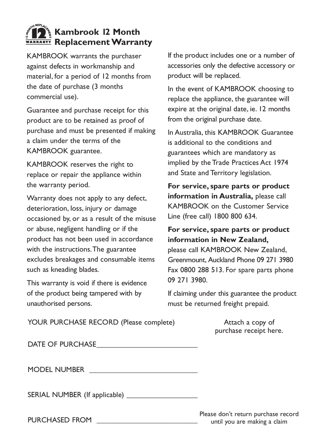 Kambrook KEF16 manual Kambrook 12 Month Replacement Warranty, Kambrook on the Customer Service Line free call 1800 800 