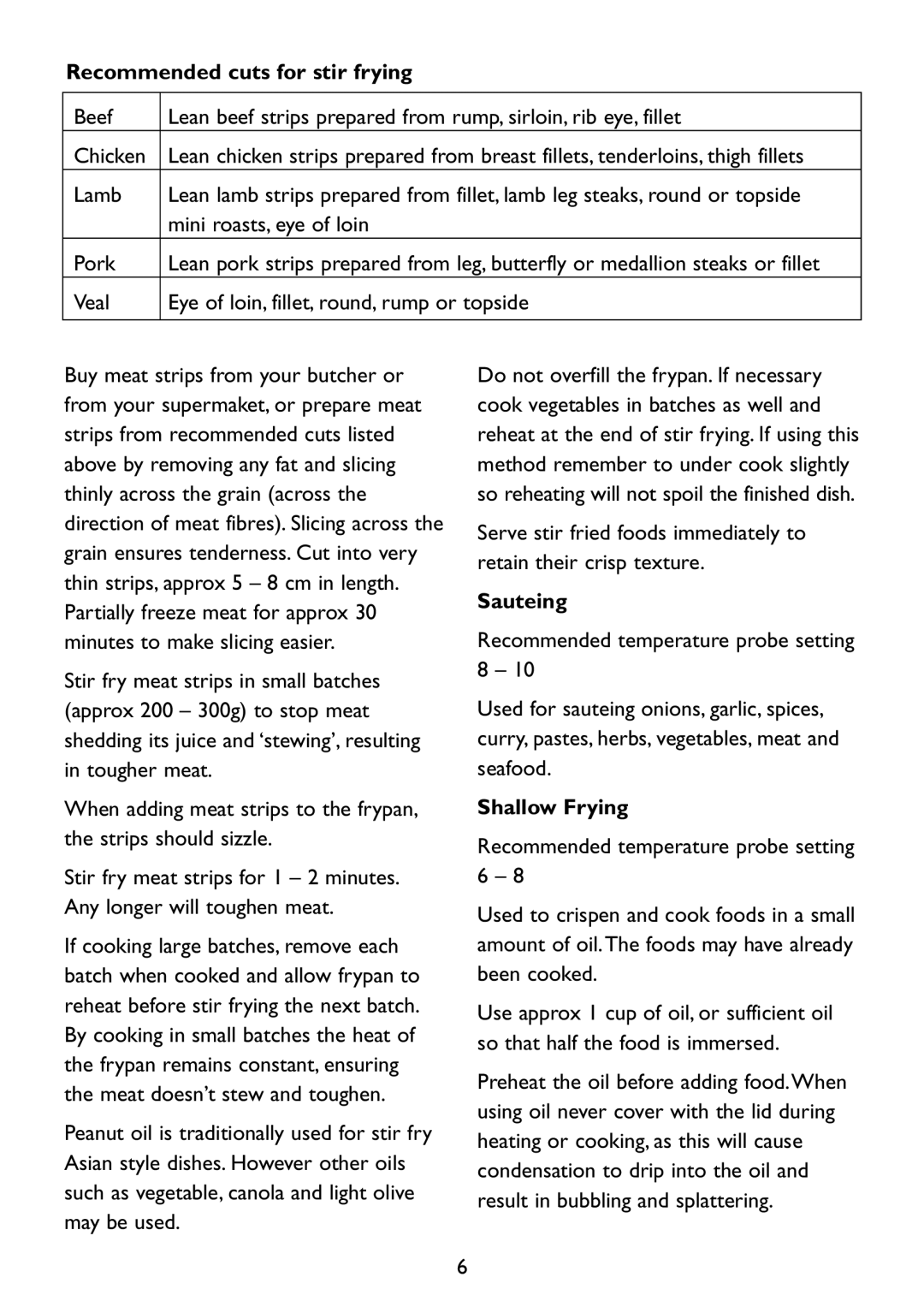 Kambrook KEF16 manual Recommended cuts for stir frying, Sauteing, Shallow Frying 