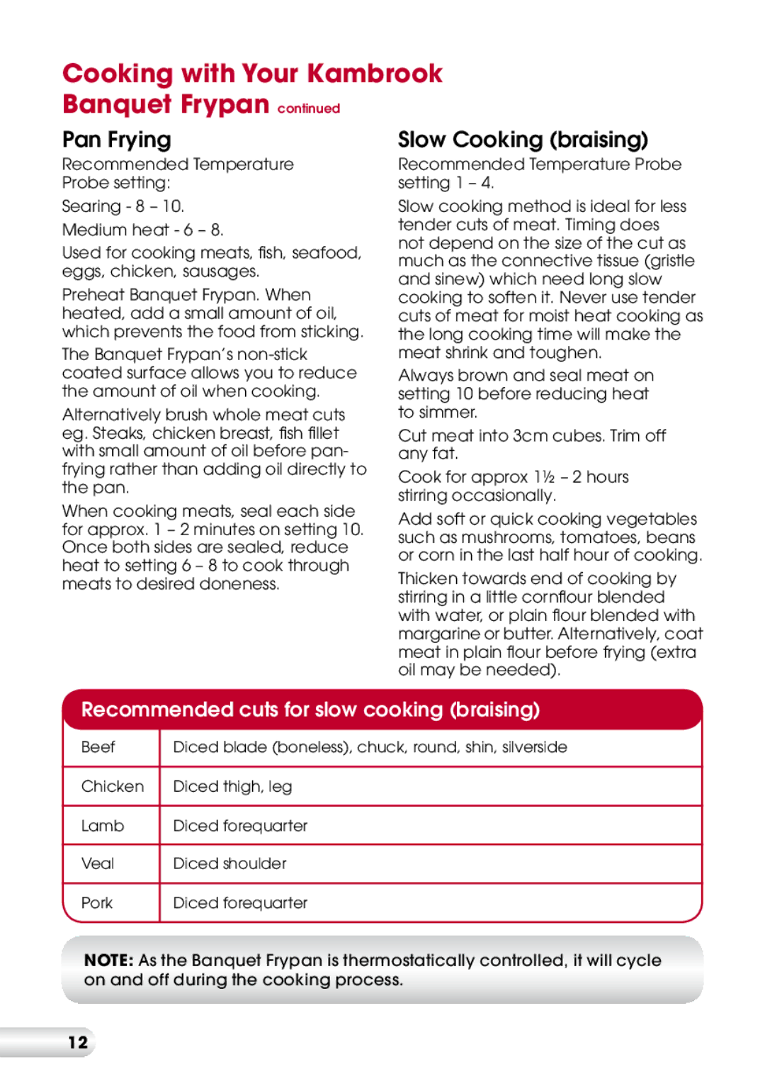 Kambrook KEF170 manual Pan Frying, Slow Cooking braising, Recommended cuts for slow cooking braising 