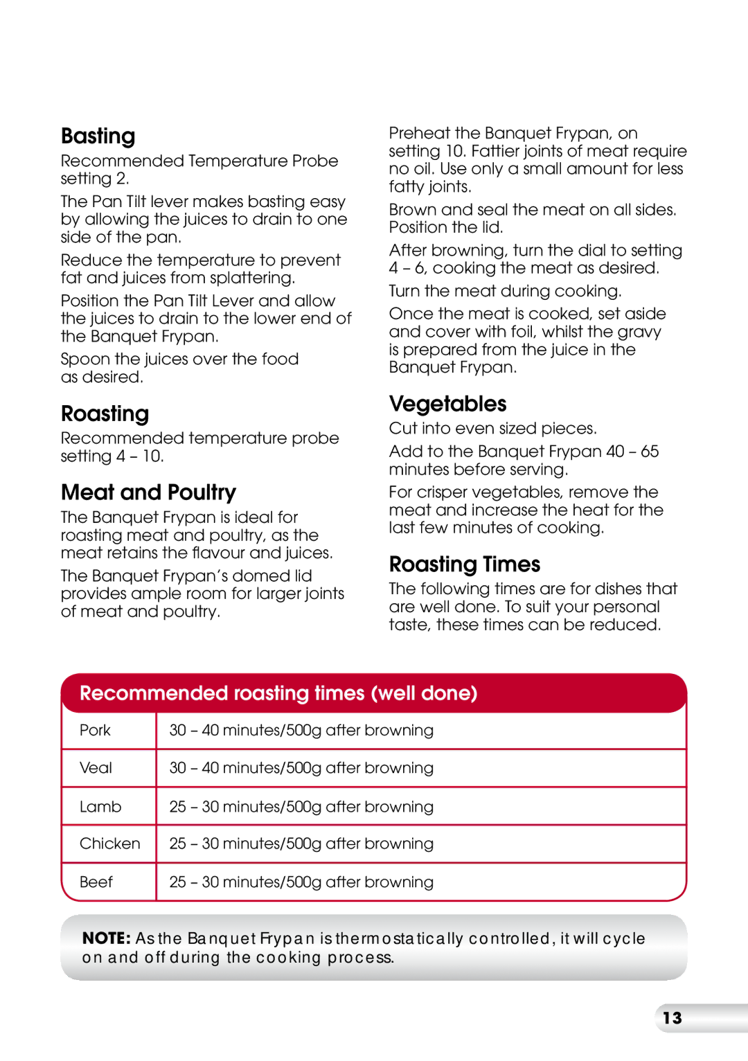 Kambrook KEF170 manual Basting, Meat and Poultry, Vegetables, Roasting Times 