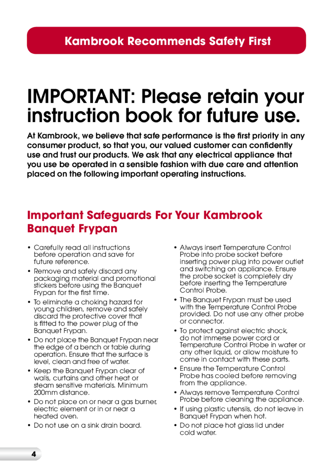 Kambrook KEF170 manual Important Safeguards For Your Kambrook Banquet Frypan 