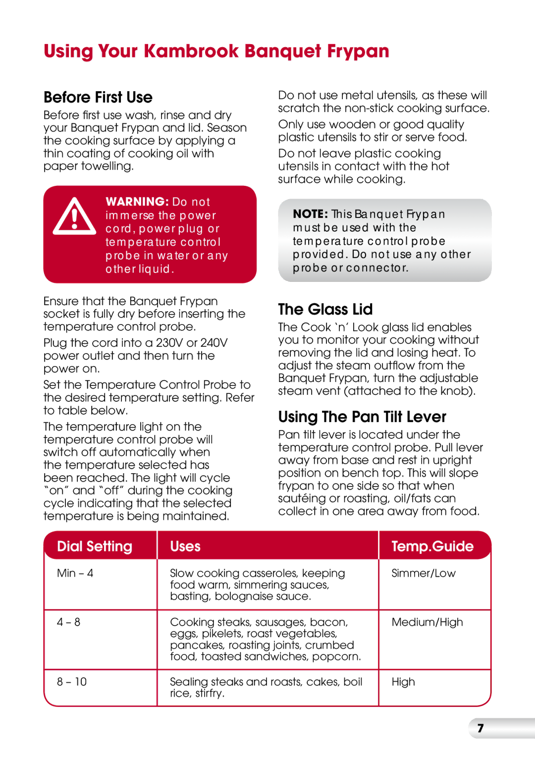 Kambrook KEF170 manual Using Your Kambrook Banquet Frypan, Before First Use, Glass Lid, Using The Pan Tilt Lever 