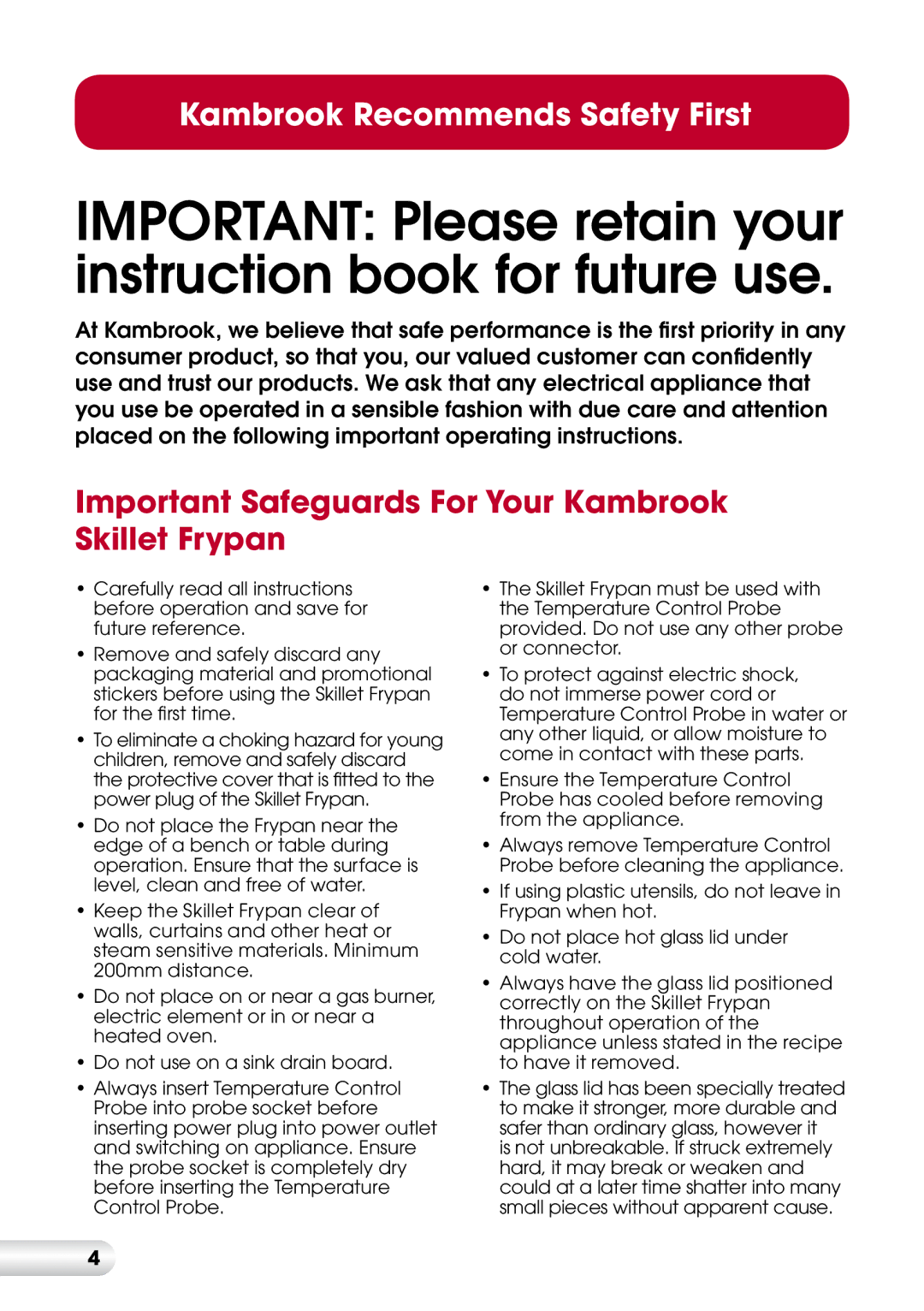 Kambrook KEF90 manual Important Safeguards For Your Kambrook Skillet Frypan 