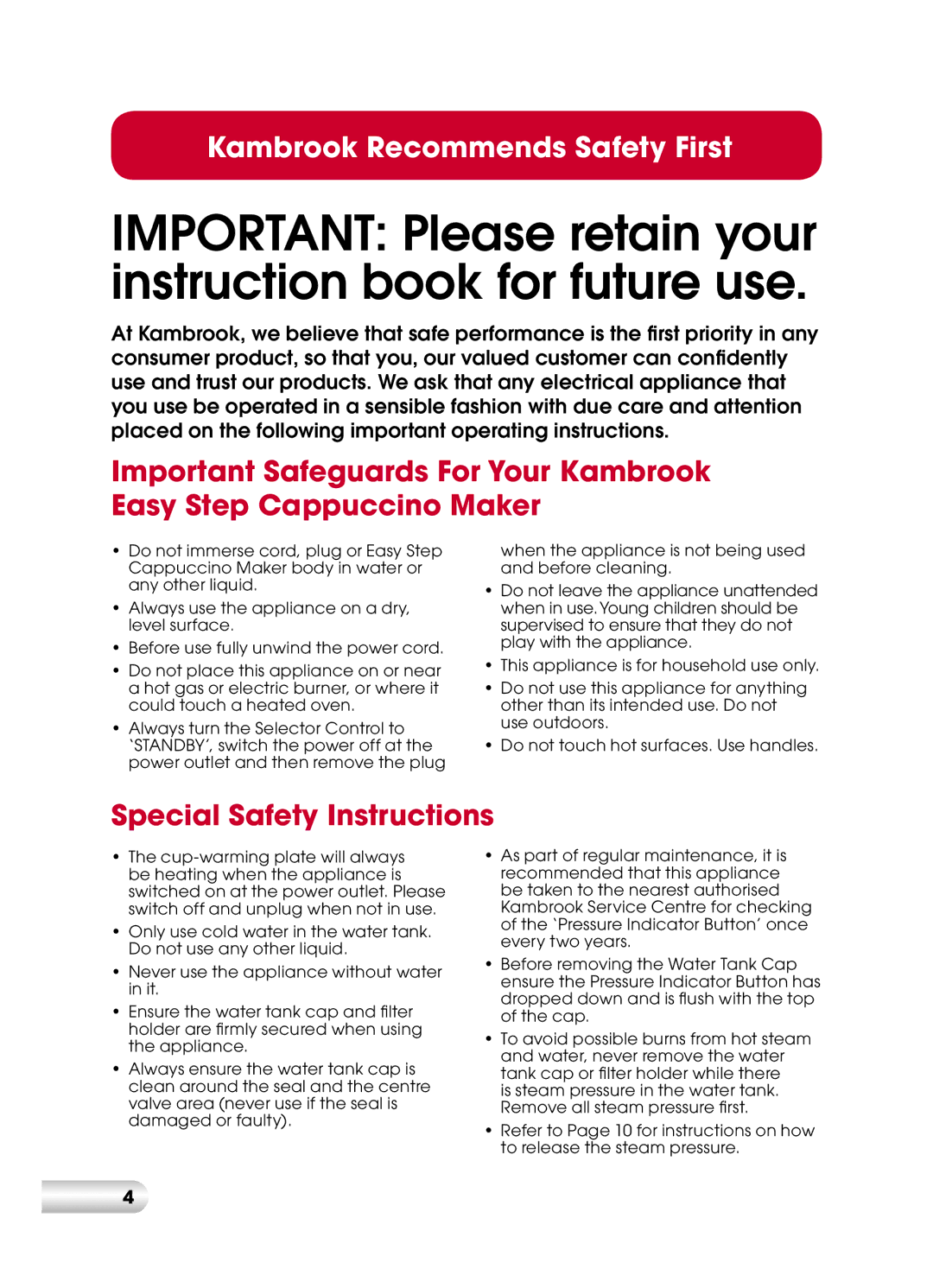 Kambrook KES110 manual Special Safety Instructions 