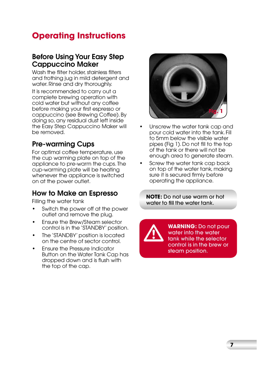 Kambrook KES110 manual Operating Instructions, Before Using Your Easy Step Cappuccino Maker, Pre-warming Cups 