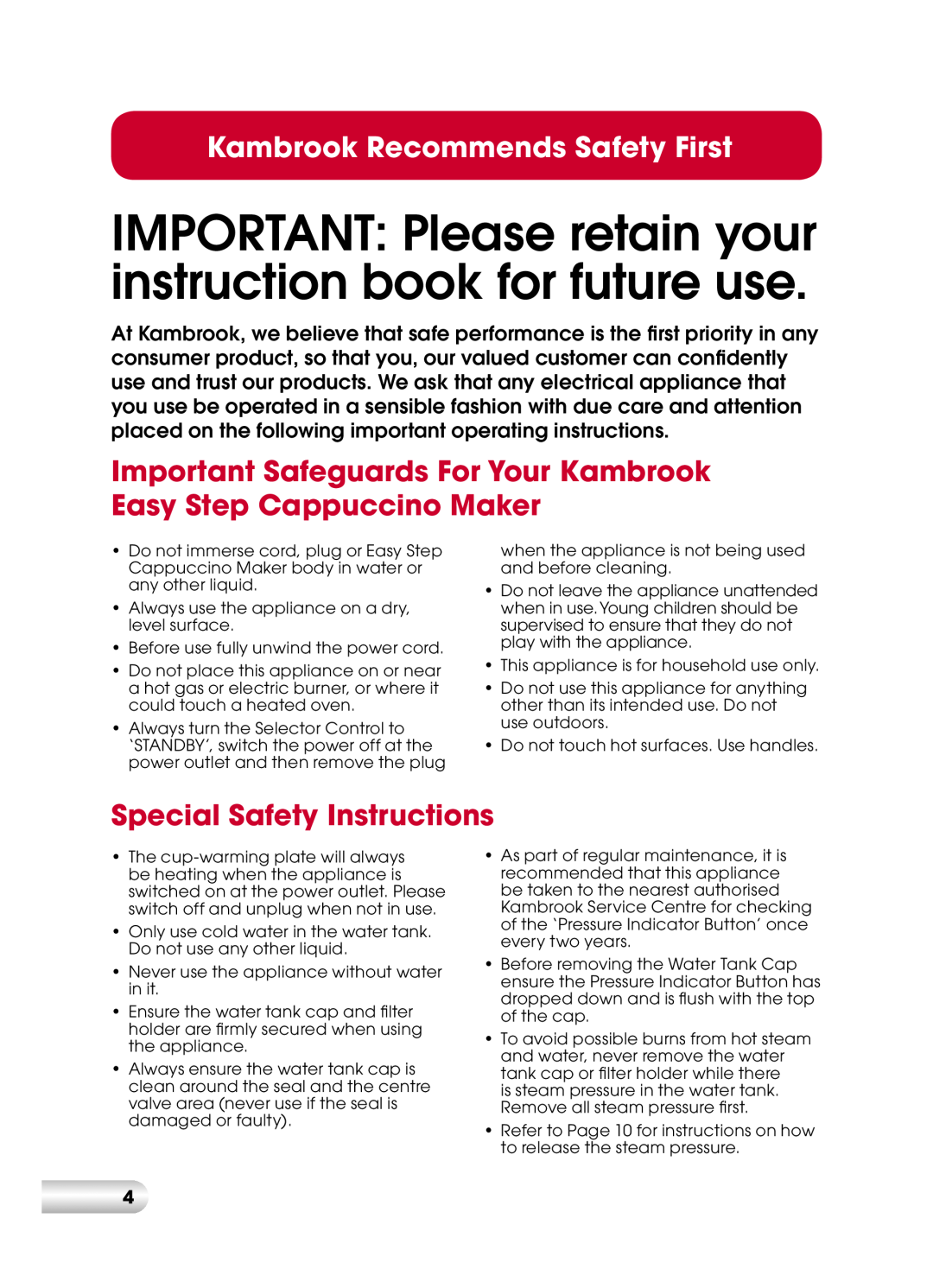 Kambrook KES110 manual Important Safeguards For Your Kambrook Easy Step Cappuccino Maker, Special Safety Instructions 