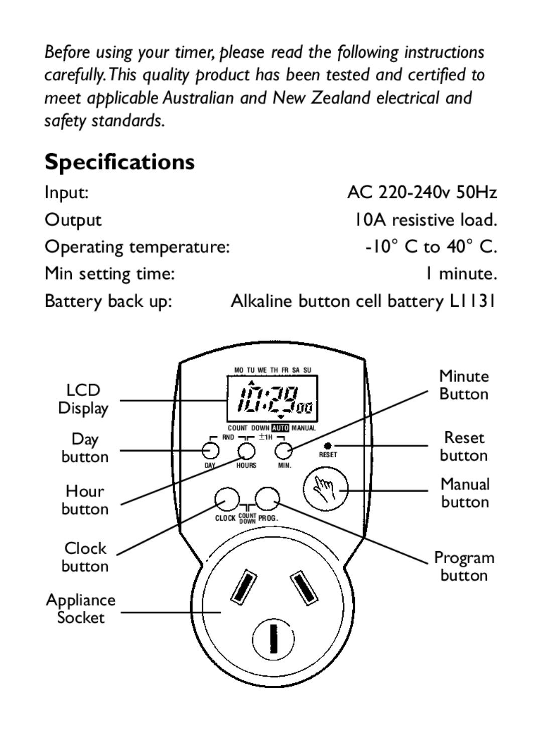 Kambrook KET99 manual Specifications, Min setting time Minute Battery back up 