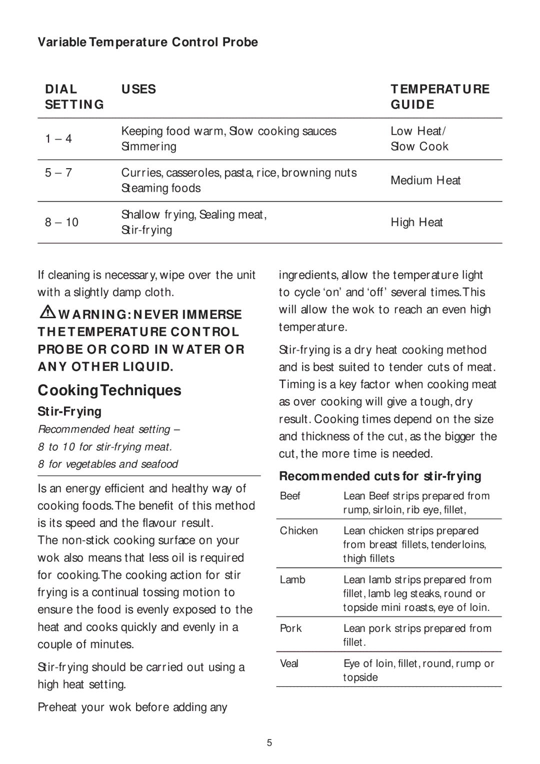 Kambrook KEW5 manual Cooking Techniques, Variable Temperature Control Probe, Stir-Frying, Recommended cuts for stir-frying 