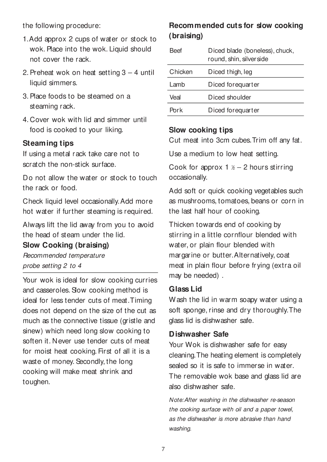 Kambrook KEW5 manual Steaming tips, Slow Cooking braising, Recommended cuts for slow cooking braising, Slow cooking tips 