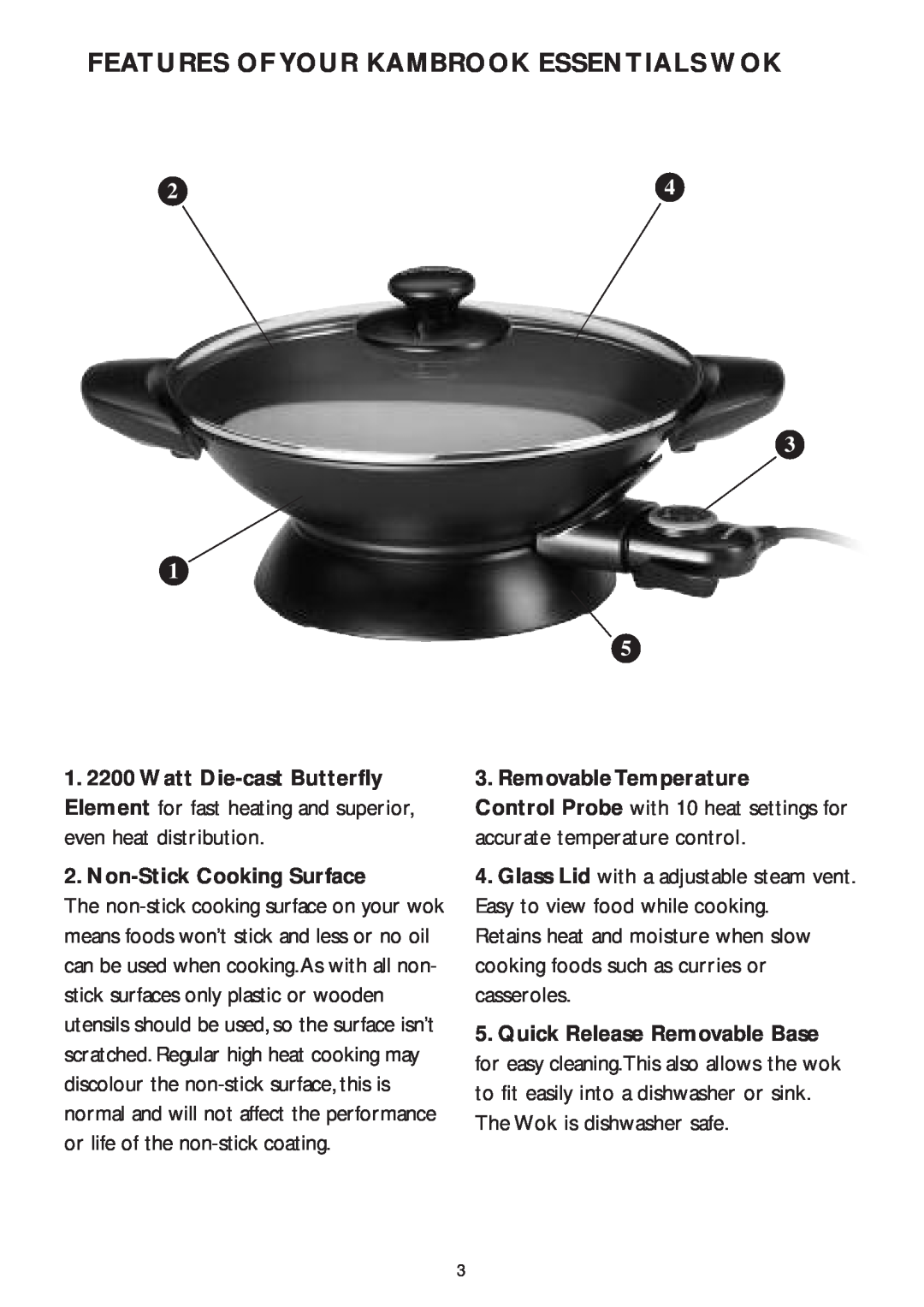 Kambrook KEW5 manual Features Of Your Kambrook Essentials Wok, Non-Stick Cooking Surface, Removable Temperature 