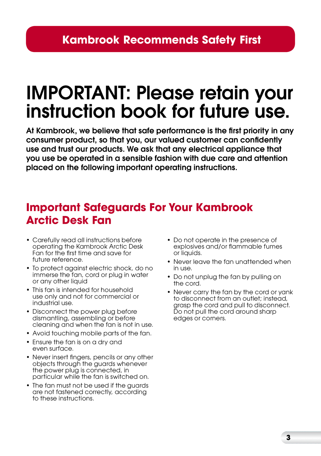 Kambrook KFA211, KFA210, KFA213 manual Important Safeguards For Your Kambrook Arctic Desk Fan 