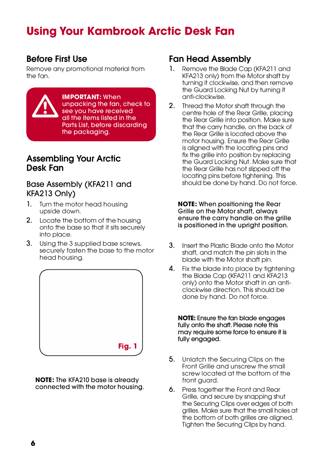 Kambrook KFA211 Using Your Kambrook Arctic Desk Fan, Before First Use, Assembling Your Arctic Desk Fan, Fan Head Assembly 