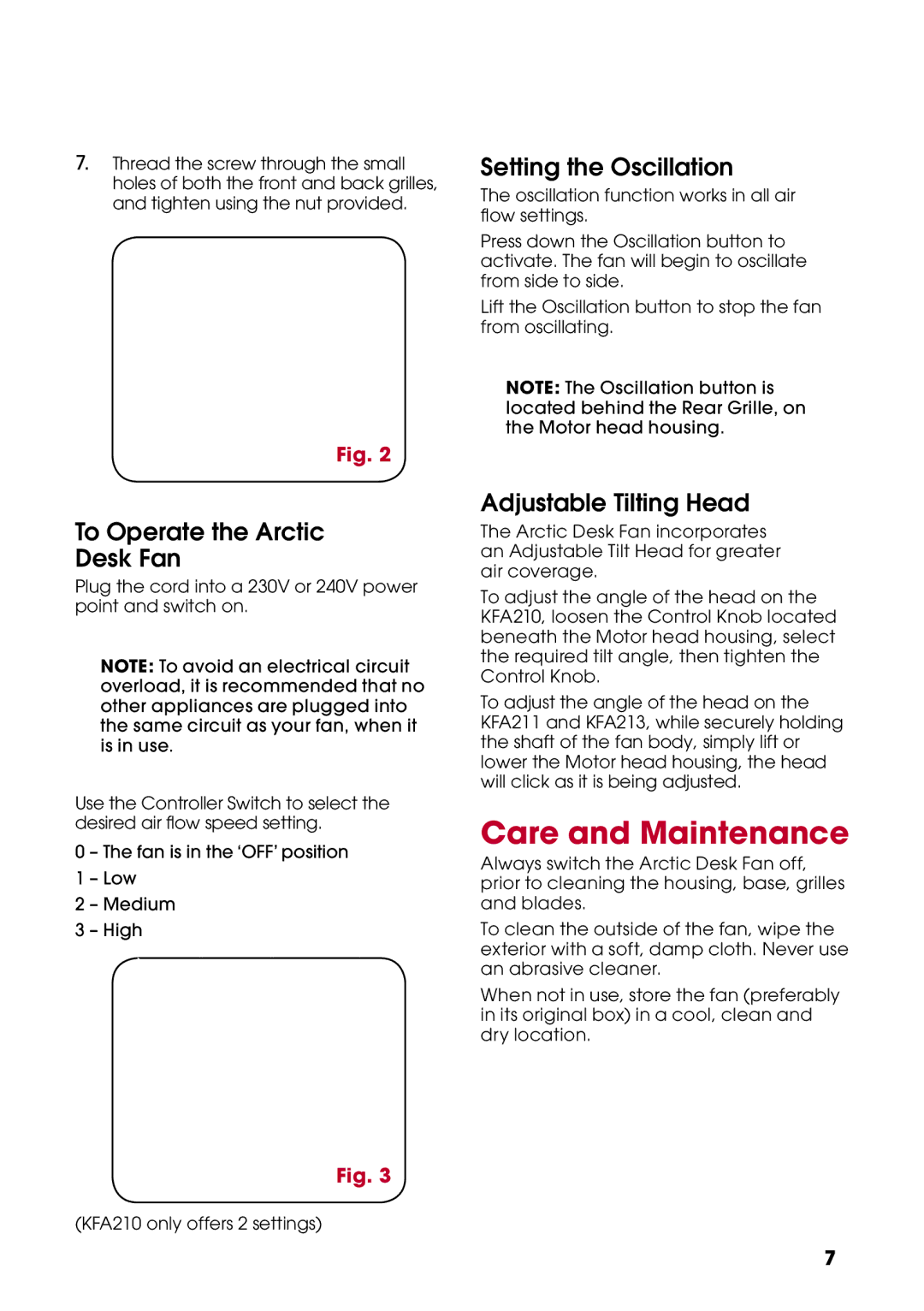 Kambrook KFA210 Care and Maintenance, To Operate the Arctic Desk Fan, Setting the Oscillation, Adjustable Tilting Head 