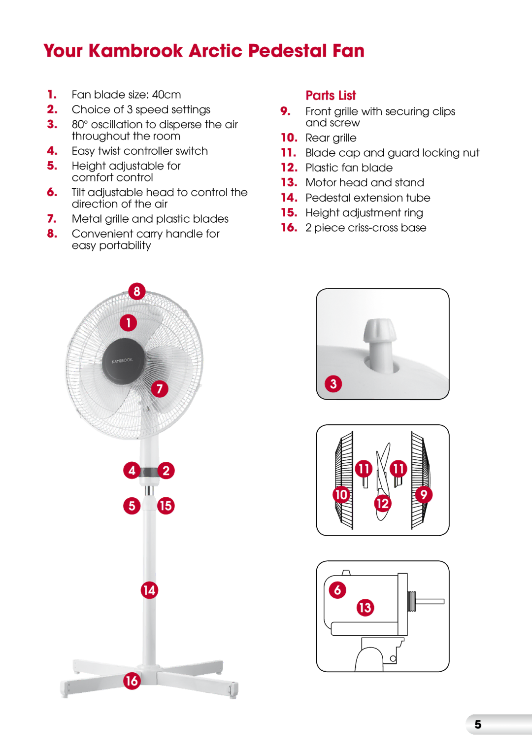 Kambrook KFA413 manual Your Kambrook Arctic Pedestal Fan, Parts List 