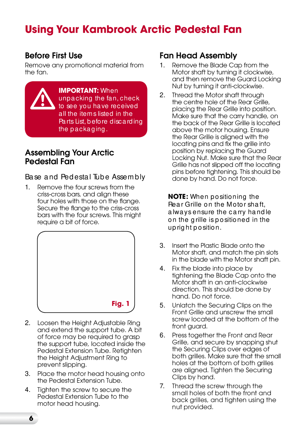 Kambrook KFA413 manual Using Your Kambrook Arctic Pedestal Fan, Before First Use, Assembling Your Arctic Pedestal Fan 