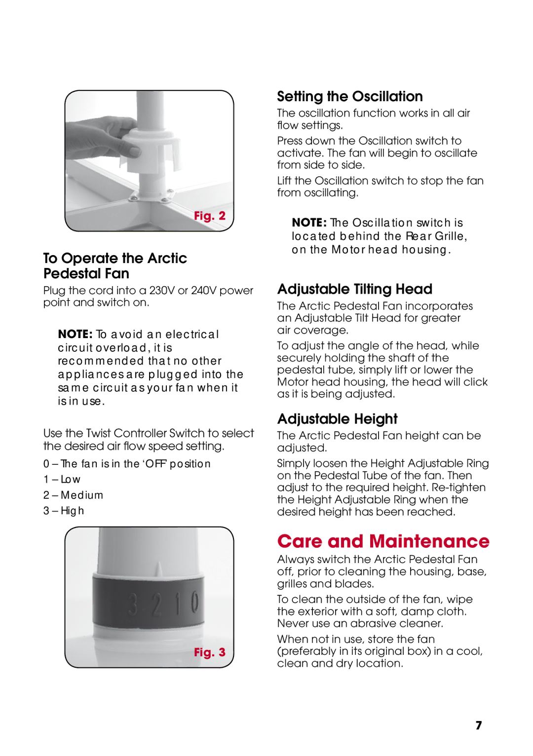 Kambrook KFA413 Care and Maintenance, To Operate the Arctic Pedestal Fan, Setting the Oscillation, Adjustable Tilting Head 