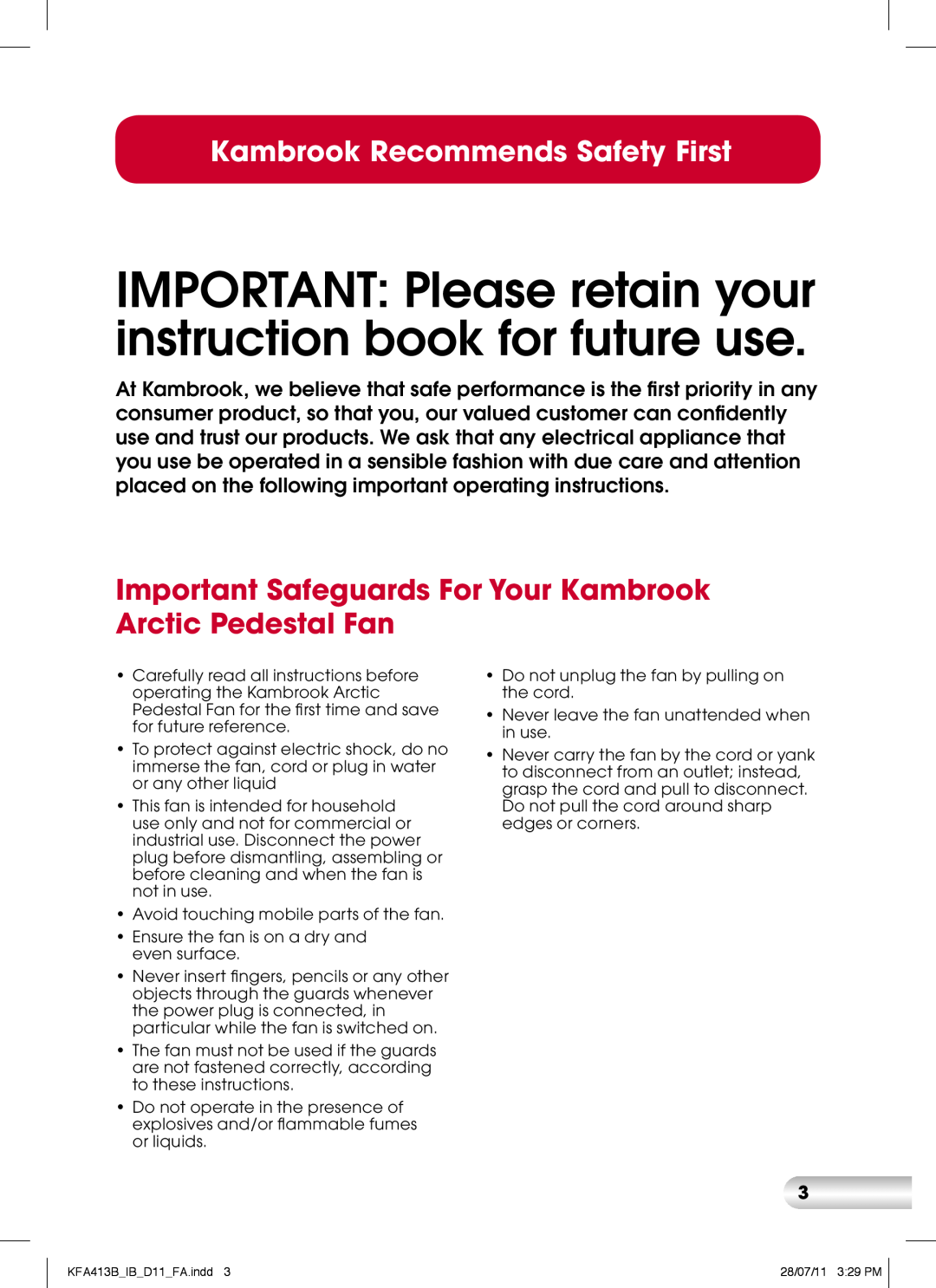 Kambrook KFA413B manual Kambrook Recommends Safety First 