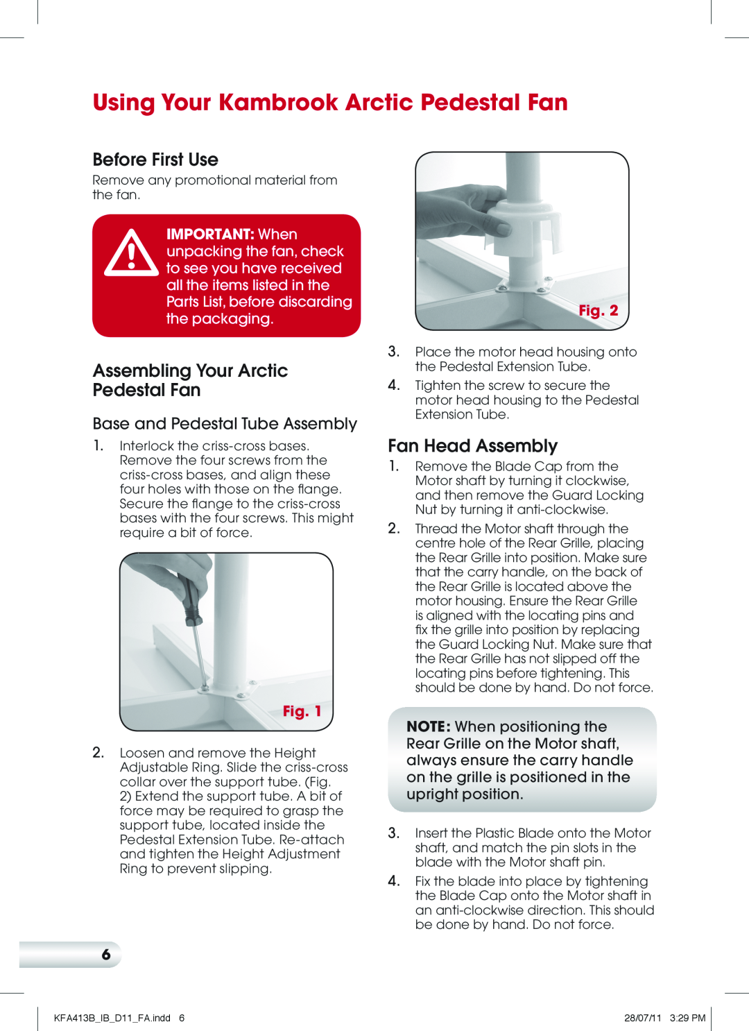 Kambrook KFA413B manual Using Your Kambrook Arctic Pedestal Fan, Before First Use, Assembling Your Arctic Pedestal Fan 