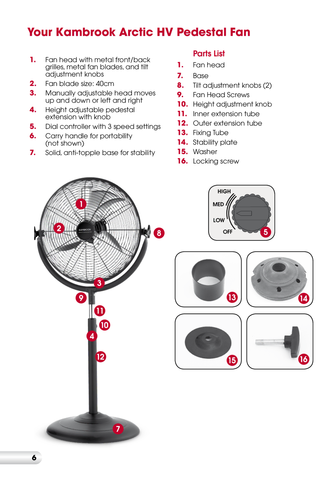 Kambrook KFA423 manual Your Kambrook Arctic HV Pedestal Fan, Parts List 