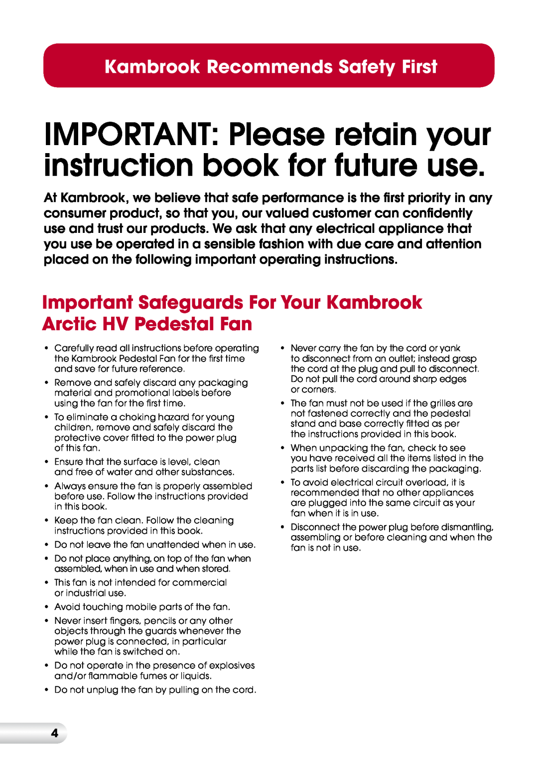 Kambrook KFA423 manual Kambrook Recommends Safety First 