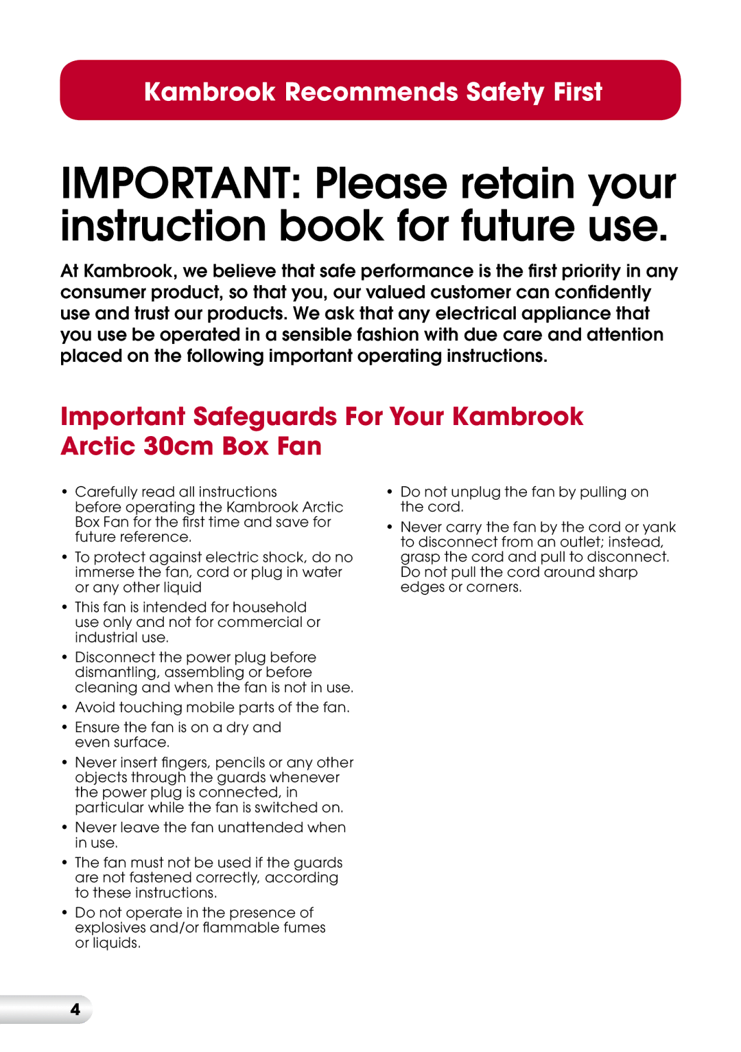 Kambrook KFA612 manual Important Safeguards For Your Kambrook Arctic 30cm Box Fan 