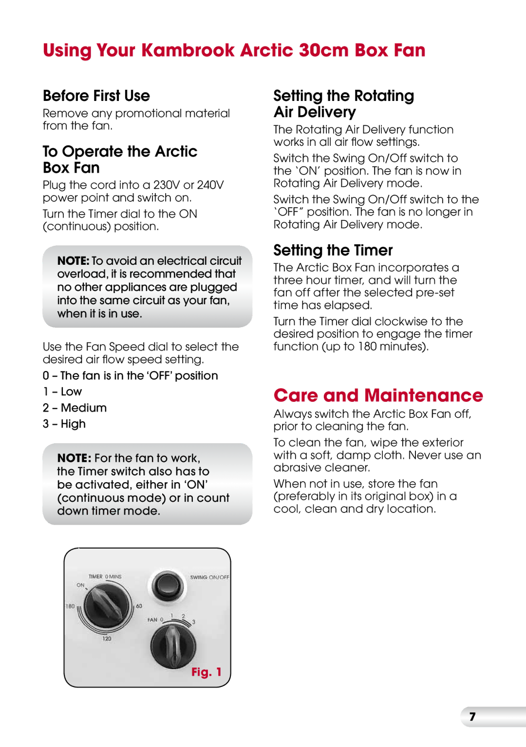 Kambrook KFA612 manual Using Your Kambrook Arctic 30cm Box Fan, Care and Maintenance 