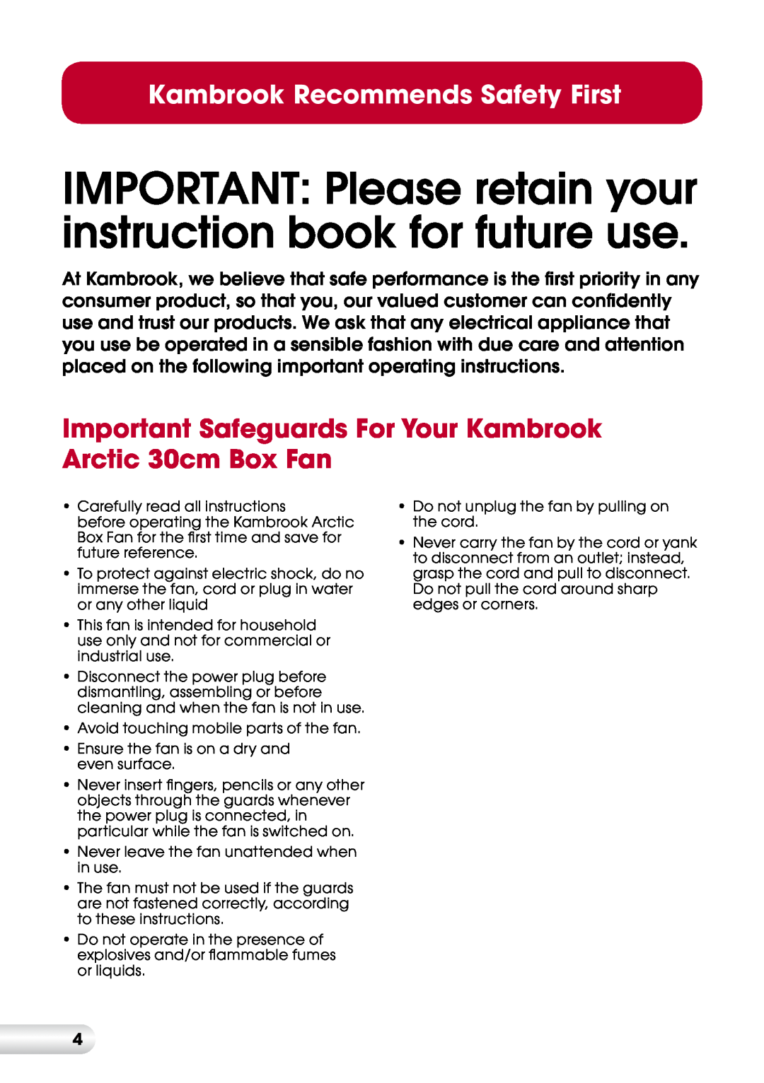 Kambrook KFA612 manual Kambrook Recommends Safety First 