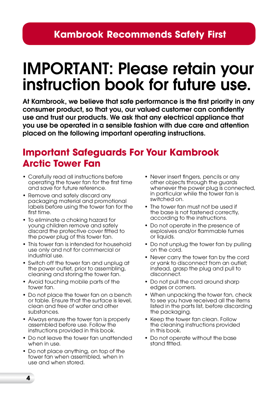 Kambrook KFA715 manual Important Safeguards For Your Kambrook Arctic Tower Fan 