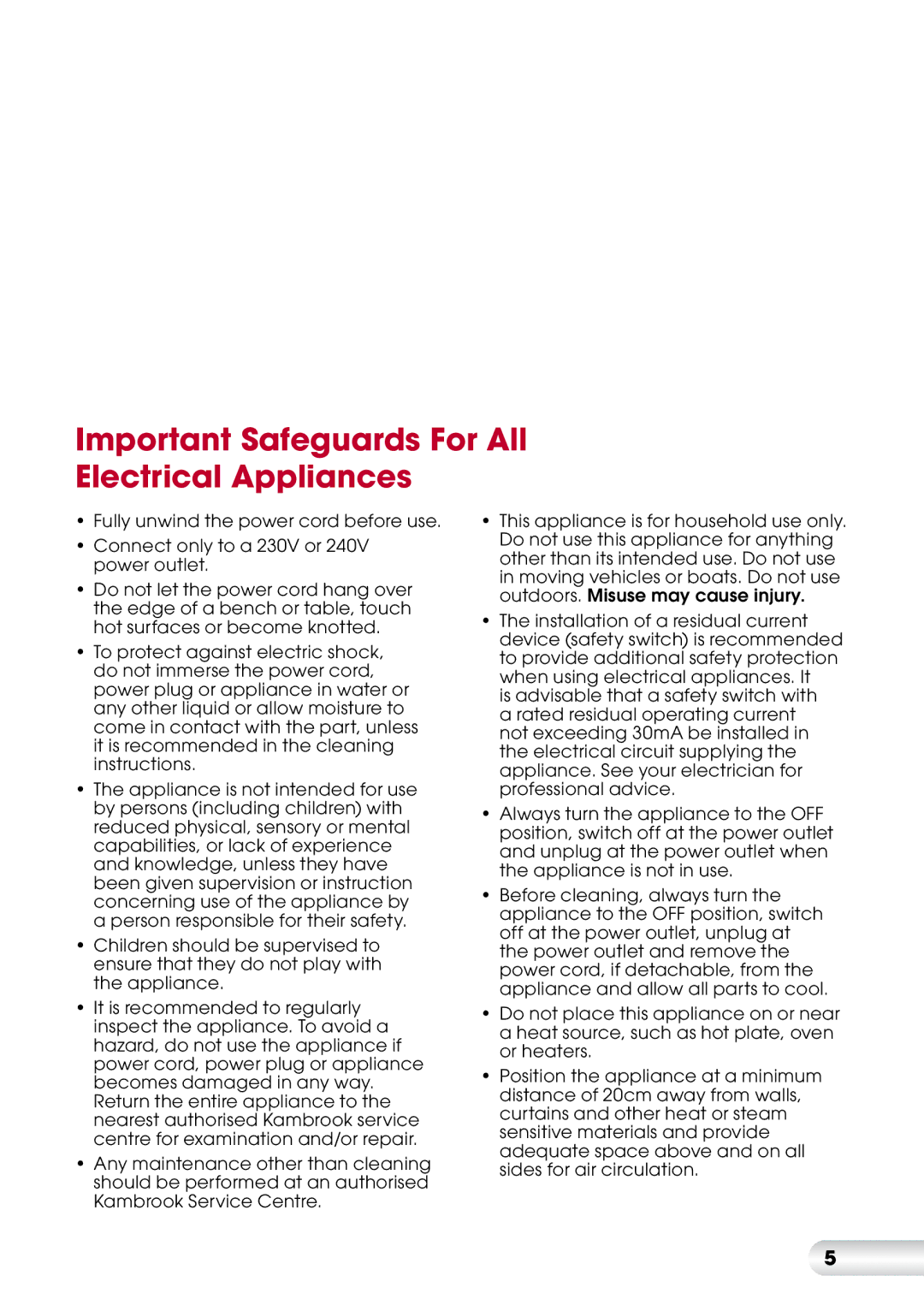 Kambrook KFA715 manual Important Safeguards For All Electrical Appliances 