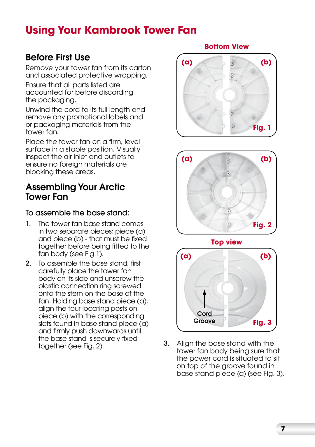 Kambrook KFA715 manual Using Your Kambrook Tower Fan, Before First Use, Assembling Your Arctic Tower Fan 