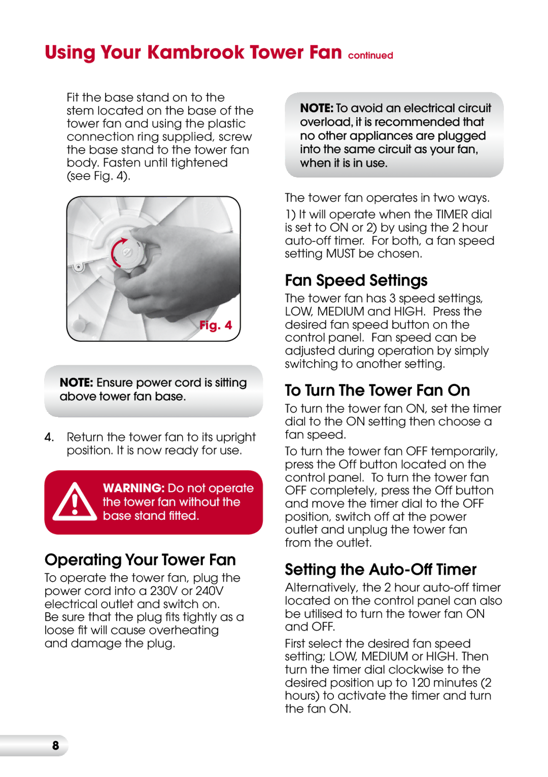 Kambrook KFA715 manual Operating Your Tower Fan, Fan Speed Settings, To Turn The Tower Fan On, Setting the Auto-Off Timer 