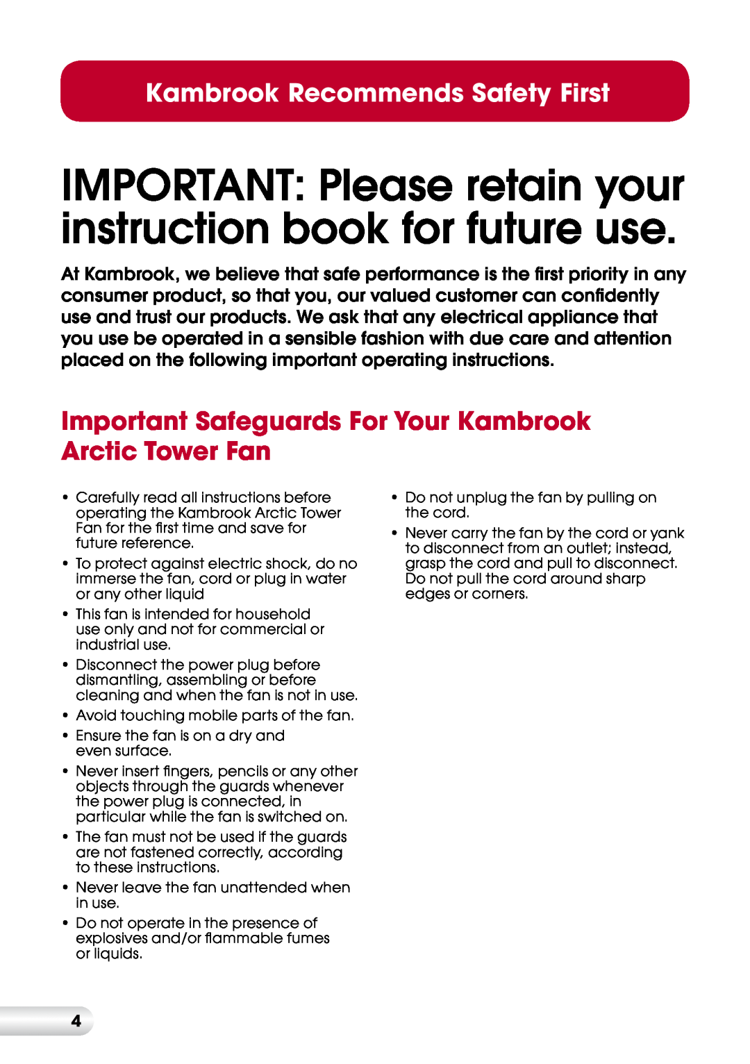 Kambrook KFA815 manual Kambrook Recommends Safety First 