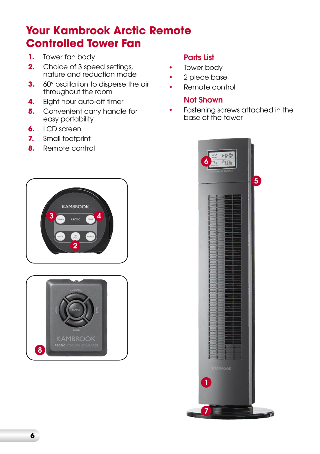 Kambrook KFA835 manual Your Kambrook Arctic Remote Controlled Tower Fan 