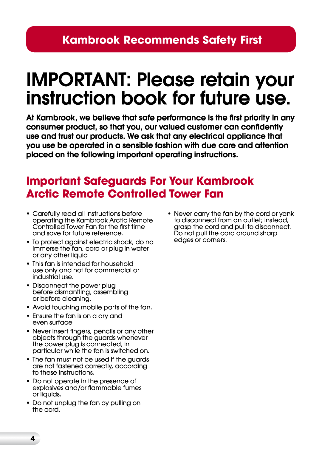 Kambrook KFA835 manual Kambrook Recommends Safety First 