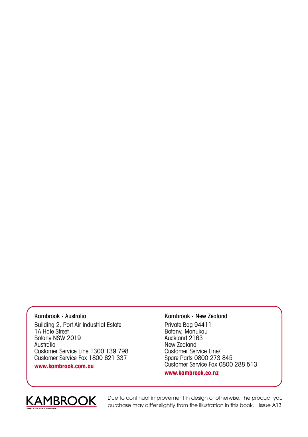 Kambrook KFA837 manual Customer Service Fax 0800 288 