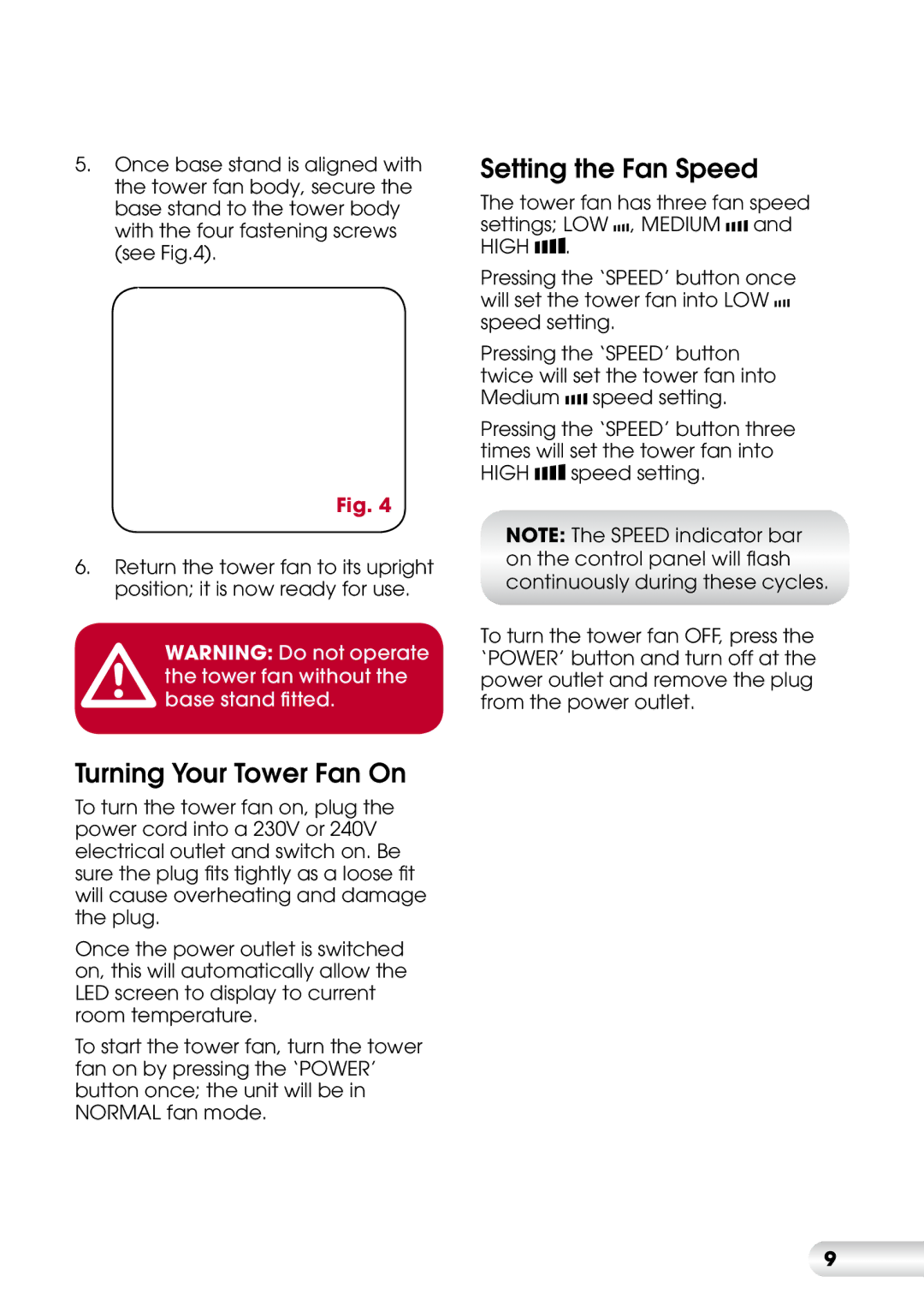 Kambrook KFA837 manual Turning Your Tower Fan On, Setting the Fan Speed 