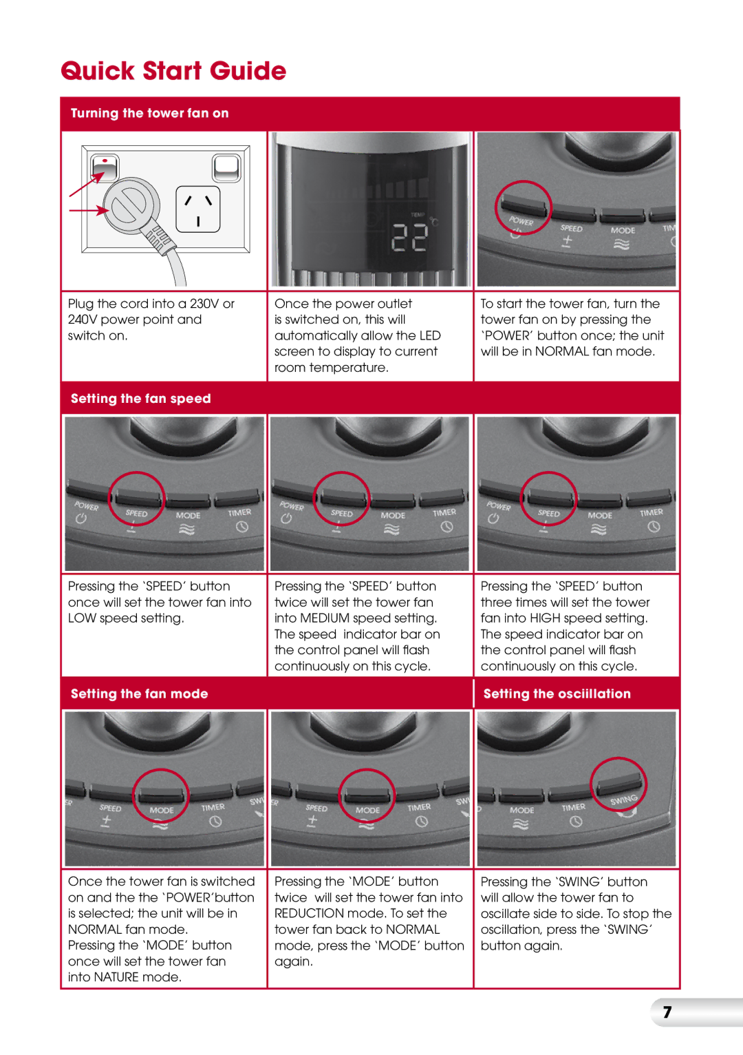 Kambrook KFA837 manual Quick Start Guide, Turning the tower fan on 