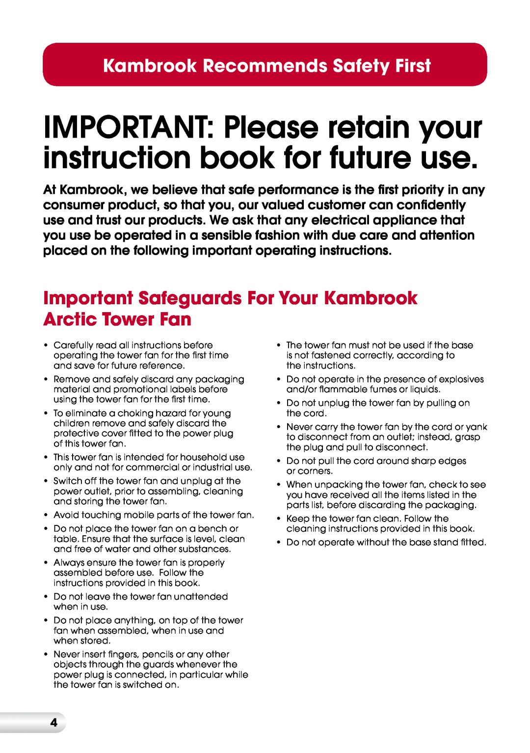 Kambrook KFA837 manual Important Safeguards For Your Kambrook Arctic Tower Fan, Kambrook Recommends Safety First 