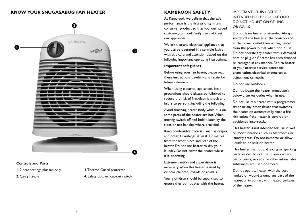 Kambrook KFH20 manual Know Your Snugasabug FAN Heater, Kambrook Safety, Controls and Parts, Important safeguards 