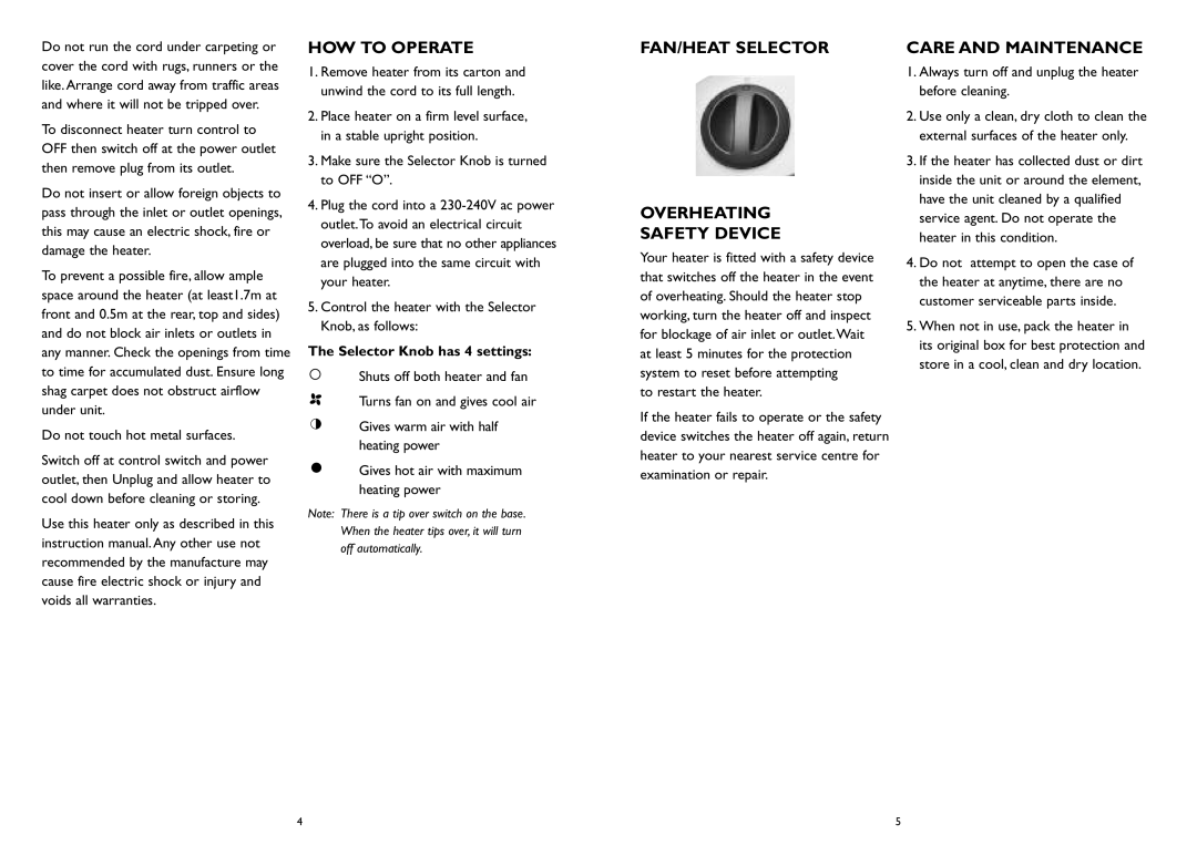 Kambrook KFH20 manual HOW to Operate FAN/HEAT Selector Care and Maintenance, Overheating Safety Device 