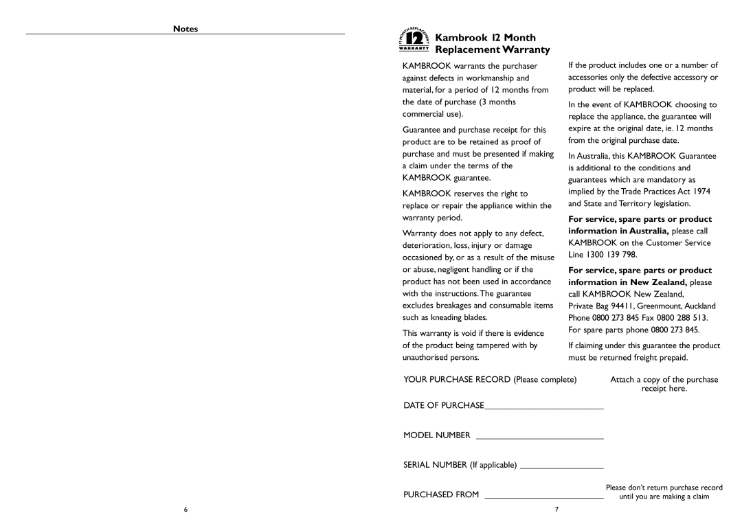 Kambrook KFH20 manual Kambrook 12 Month Replacement Warranty, For service, spare parts or product 