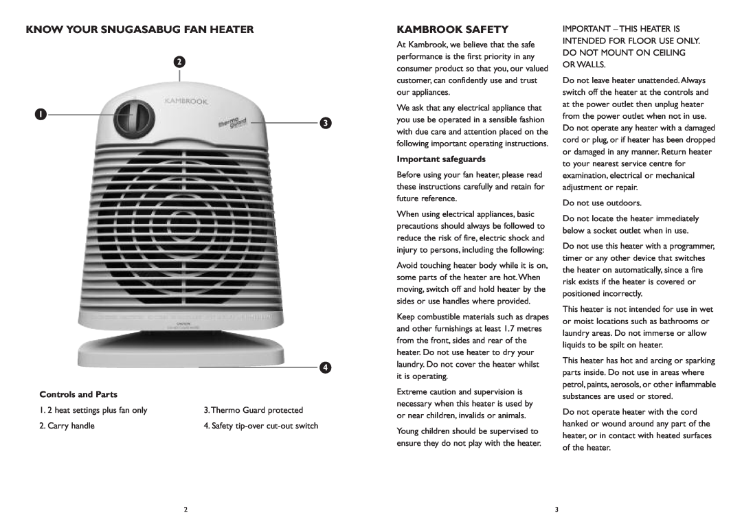 Kambrook KFH20 manual Know Your Snugasabug Fan Heater, Kambrook Safety, Controls and Parts, Important safeguards, 2 1 