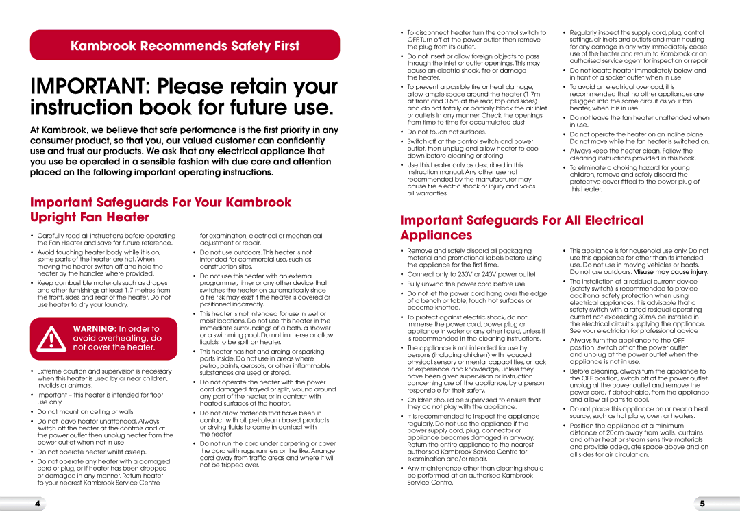 Kambrook KFH200 manual Important Safeguards For Your Kambrook, Upright Fan Heater Important Safeguards For All Electrical 