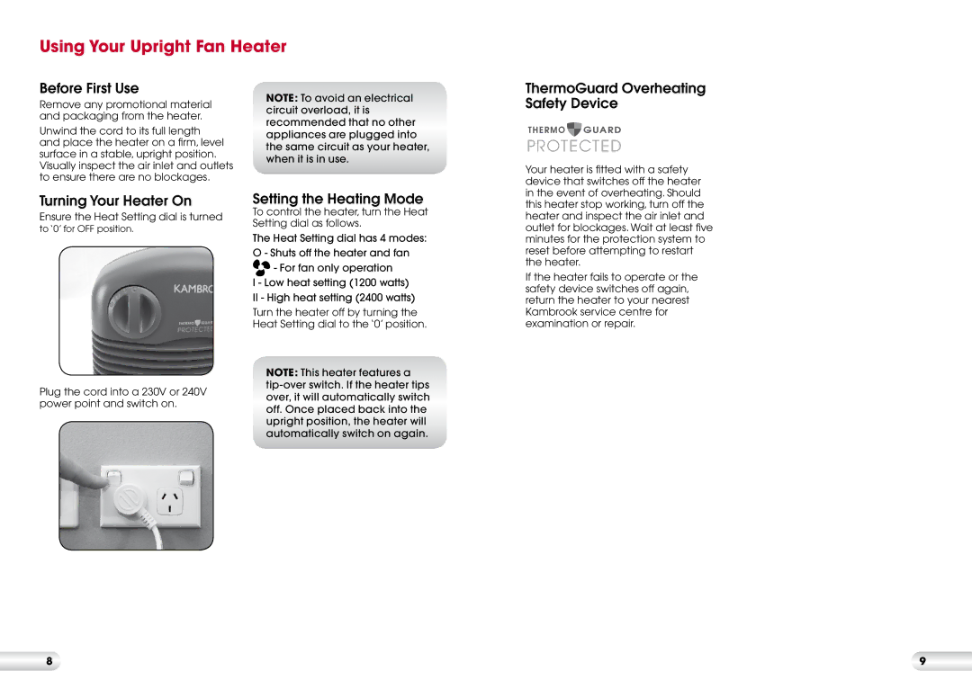 Kambrook KFH200 manual Using Your Upright Fan Heater, Before First Use, ThermoGuard Overheating Safety Device 