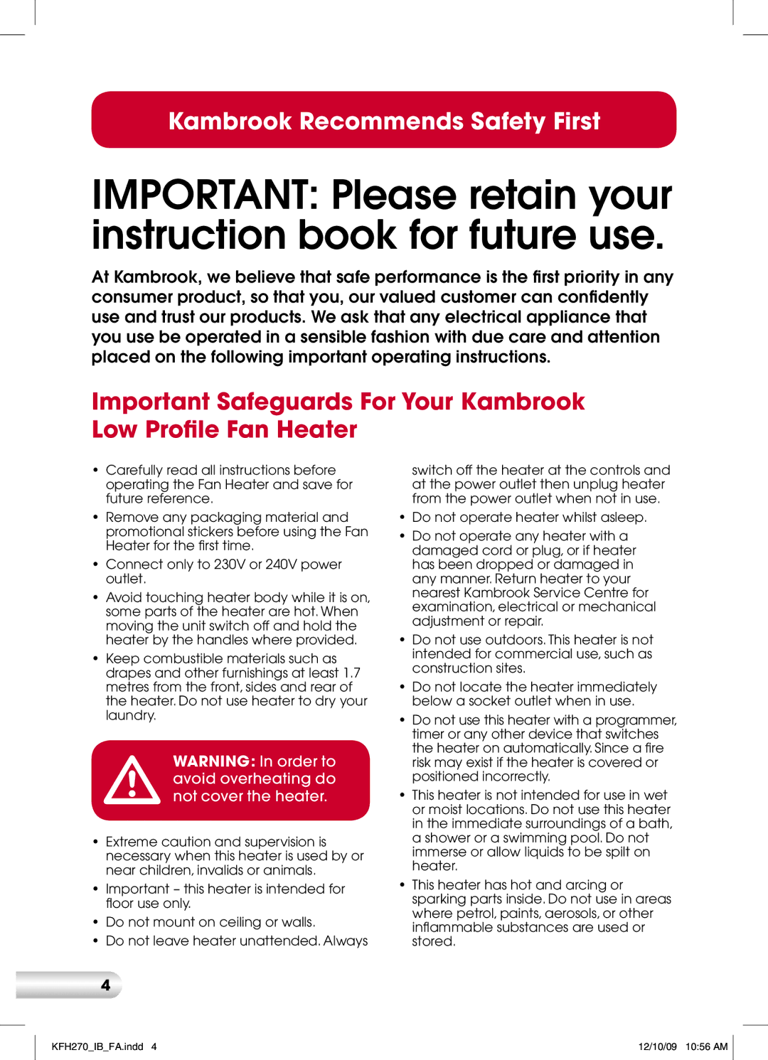 Kambrook KFH270 manual Important Please retain your instruction book for future use 