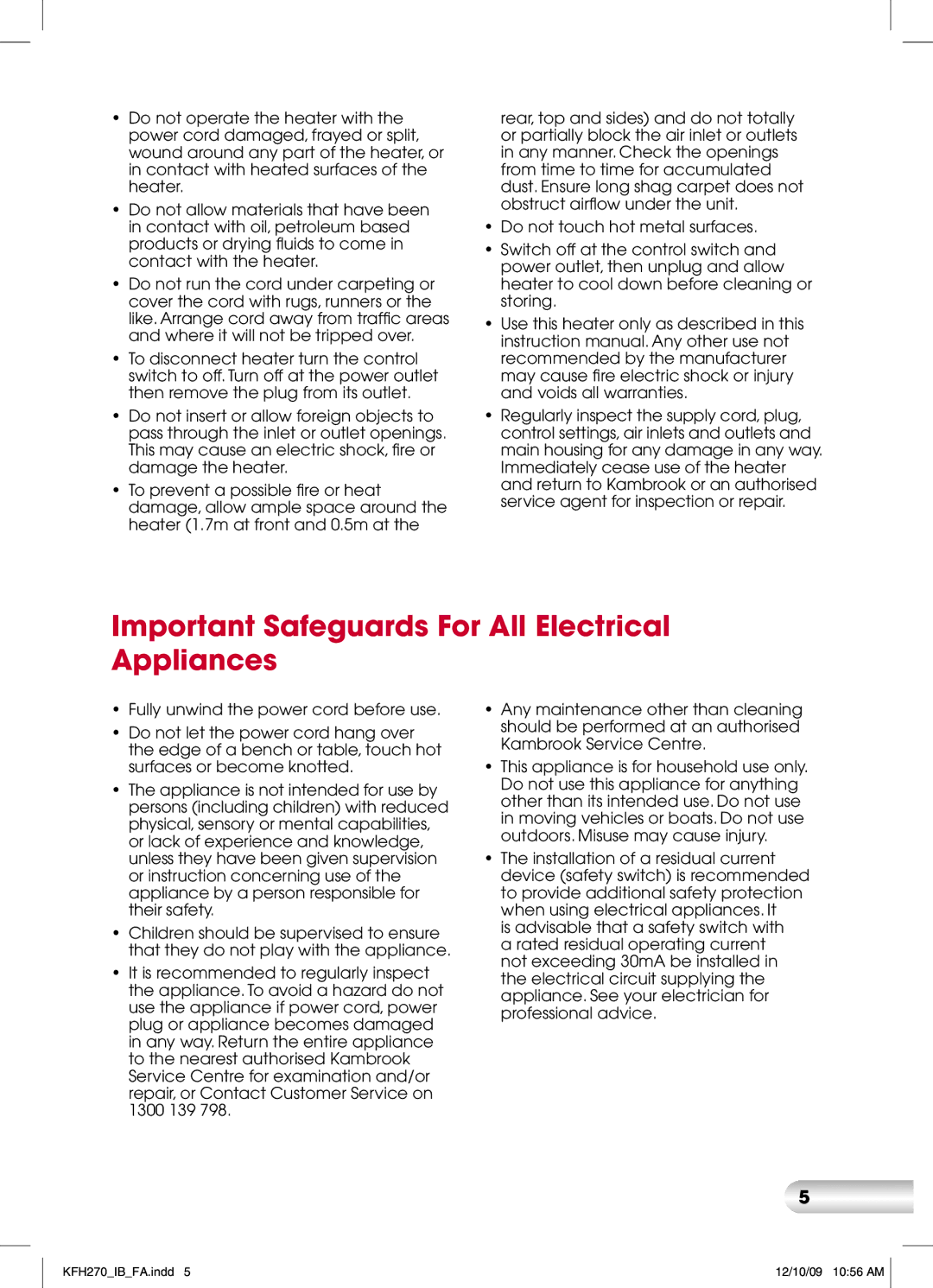 Kambrook KFH270 manual Important Safeguards For All Electrical Appliances 