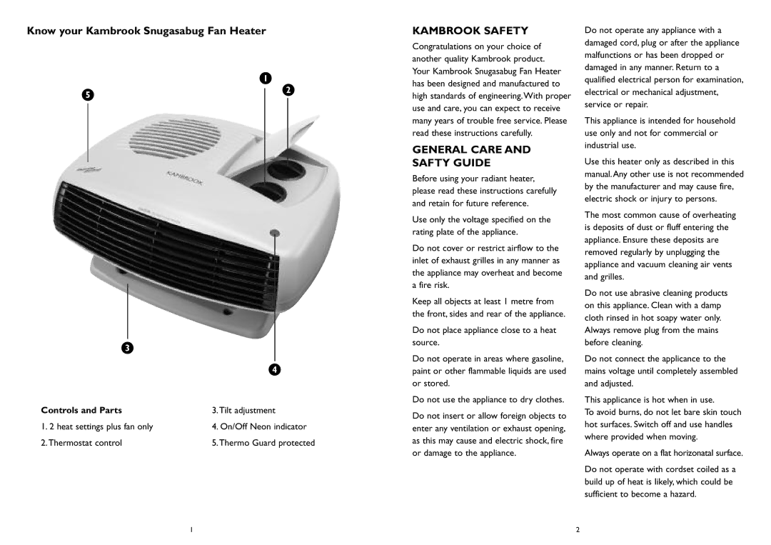 Kambrook KFH280 manual Kambrook Safety, General Care Safty Guide, Controls and Parts 