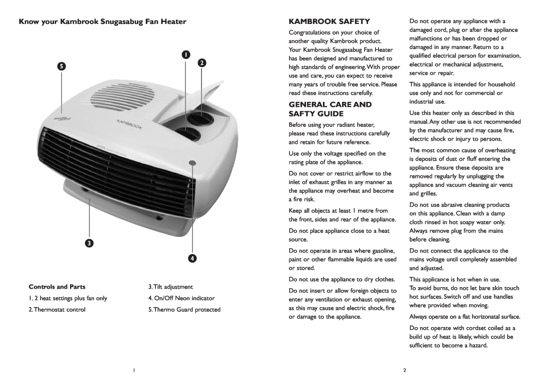 Kambrook KFH280 manual Know your Kambrook Snugasabug Fan Heater, Kambrook Safety, General Care And Safty Guide 