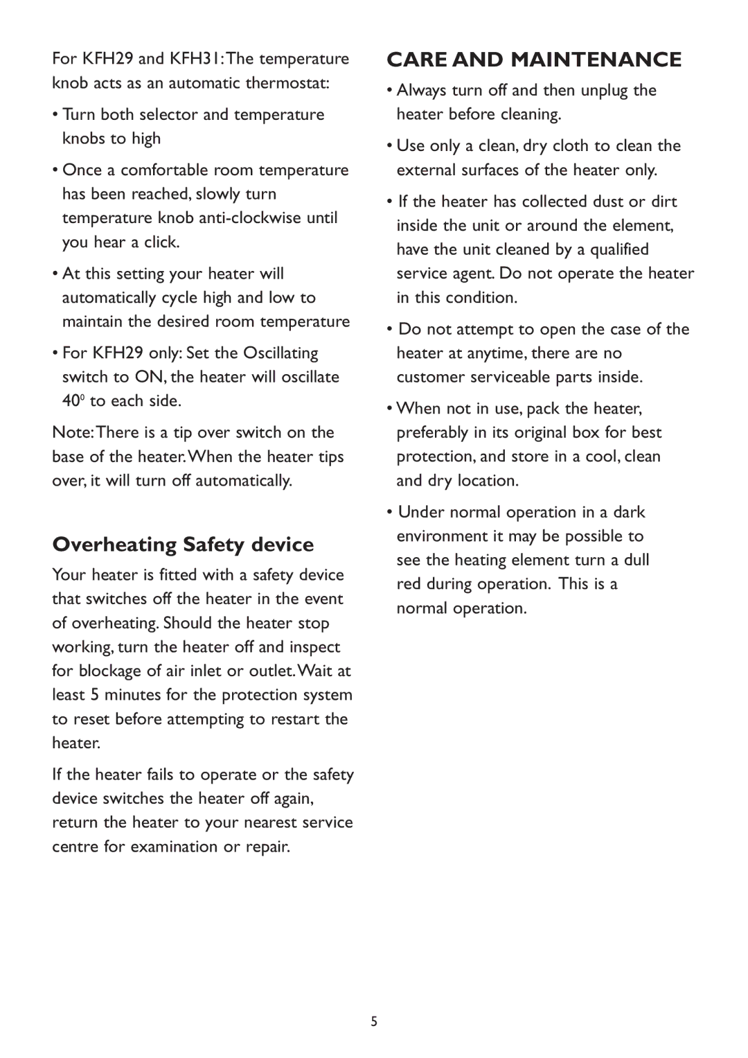 Kambrook KFH29, KFH31, KFH30 manual Overheating Safety device, Care and Maintenance 