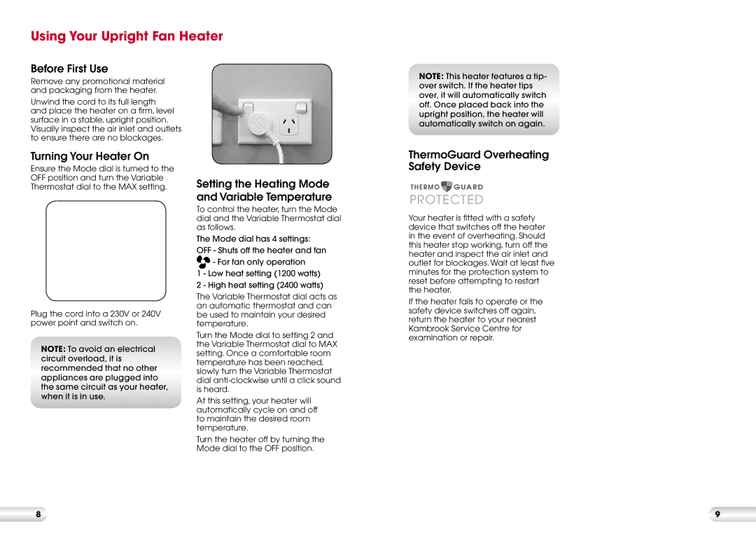 Kambrook KFH310 manual Using Your Upright Fan Heater, Before First Use, Turning Your Heater On 